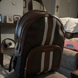 Michael Kors Brown Backpack with White Stripes